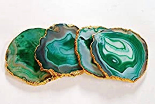 Set of Two Green Agate, Gold Rimmed Coasters