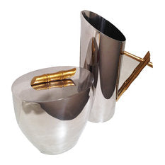 Pitcher And Ice Bucket Set With Gold Brushed Bamboo Handles